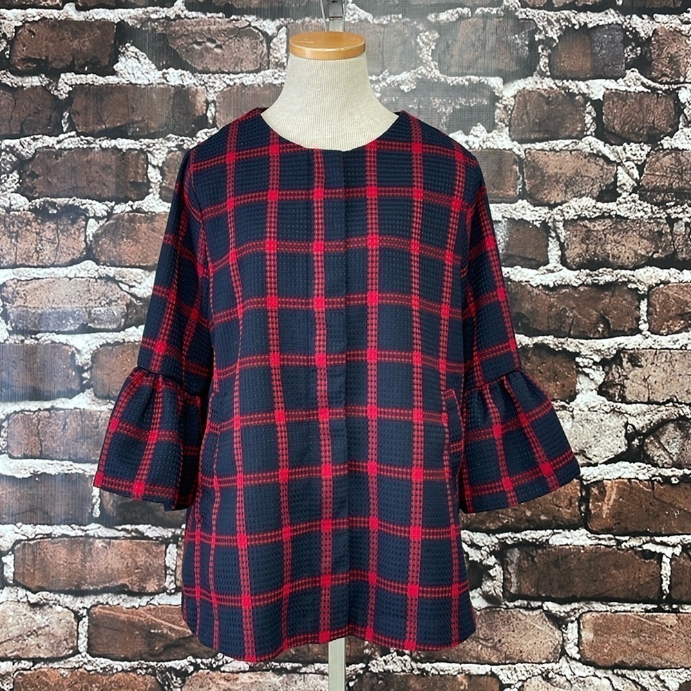 Entro Jacket Women's M Medium Blue Red Plaid Flare Sleeves Waffle Full Zip - Picture 5 of 16
